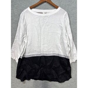Love Linen J Jill‎ Shirt Top L Tall White Black Color Block 100% Linen Lagenlook